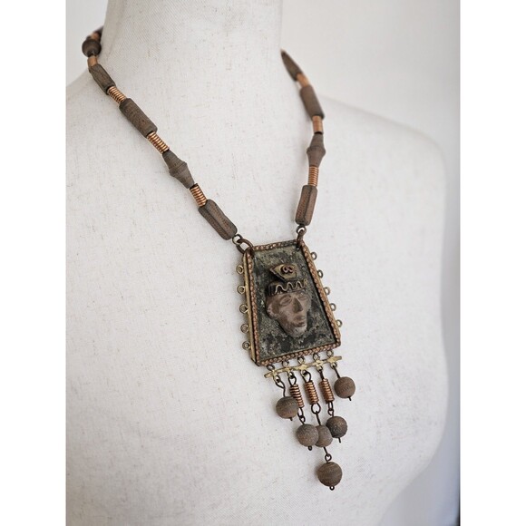 Vintage 1960s-70s Mexico Stamped Mixed Metal Necklace - Maya Ethnic Mask Pendant - Picture 3 of 12